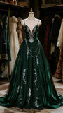 Ndyad Dark Green V-Neck A-Line Satin Long Prom Dresses Graduation Prom Outfits HZ1024