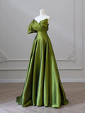 Ndyad Line V Neck Satin Green Long Prom Dress, Green Long Formal Dress HZ1024