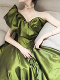 Ndyad Line V Neck Satin Green Long Prom Dress, Green Long Formal Dress HZ1024