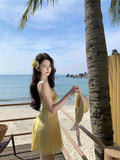 Ndyad Yellow A-Line Tulle Strapless Beach Holiday Short Dress HZ1024