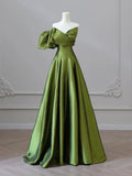 Ndyad Line V Neck Satin Green Long Prom Dress, Green Long Formal Dress HZ1024