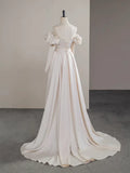 Ndyad Two Pieces Satin Champagne Long Prom Dress, Champagne Long Formal Dress HZ1024