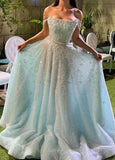 Ndyad Sky Blue A-Line Tulle Beaded Off-shoulder Long Prom Dresses, Sweet 16 Dress HZ1024