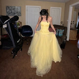 Ndyad Butter Yellow Strapless Corset Tulle Long Prom Dresses Sweet 16 Dresses HZ1024