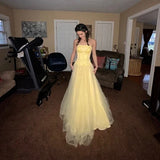 Ndyad Butter Yellow Strapless Corset Tulle Long Prom Dresses Sweet 16 Dresses HZ1024