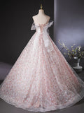 Ndyad Tulle Lace Sequin Pink Long Prom Dress, Pink Long Graduation Dress HZ1024