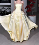 Ndyad A-Line Halter Butter Yellow Satin Long Prom Dresses Birthday Party Outfits HZ1024