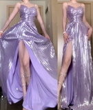 Ndyad Purple A-Line Long Prom Dresses Spaghetti Straps Slit Formal Dress HZ1024