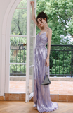Ndyad Purple A-Line Long Prom Dresses Spaghetti Straps Slit Formal Dress HZ1024