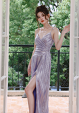 Ndyad Purple A-Line Long Prom Dresses Spaghetti Straps Slit Formal Dress HZ1024