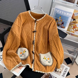 Ndyad Horn Button Pocket Embroidery Forest Style Cardigan Sweater HZ1024