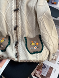 Ndyad Horn Button Pocket Embroidery Forest Style Cardigan Sweater HZ1024