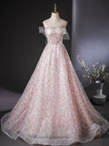 Ndyad Tulle Lace Sequin Pink Long Prom Dress, Pink Long Graduation Dress HZ1024