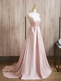Ndyad Satin Beads Pink Long Prom Dress, Pink Long Formal Dress HZ1024