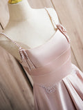 Ndyad Satin Beads Pink Long Prom Dress, Pink Long Formal Dress HZ1024