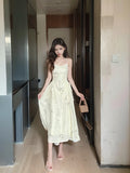Ndyad Chinese bamboo print satin pleated waist suspender dress HZ1024