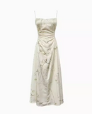 Ndyad Chinese bamboo print satin pleated waist suspender dress HZ1024