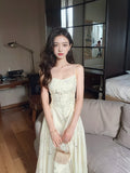 Ndyad Chinese bamboo print satin pleated waist suspender dress HZ1024