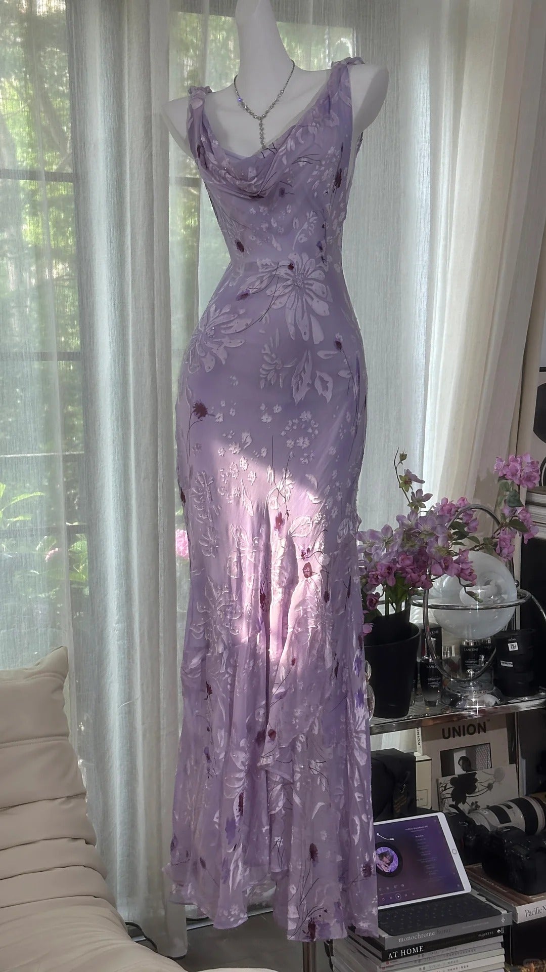 Ndyad Vintage Sheath Prom Dresses Chiffon Floral Purple Long Formal Dresses Beaded Wedding Guest Dresses HZ1024