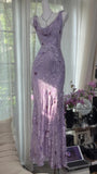 Ndyad Vintage Sheath Prom Dresses Chiffon Floral Purple Long Formal Dresses Beaded Wedding Guest Dresses HZ1024
