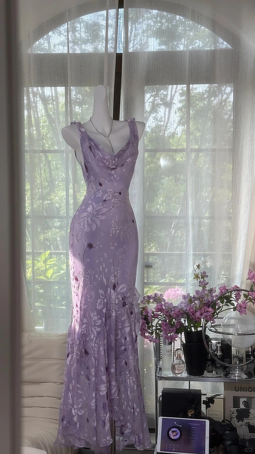 Ndyad Vintage Sheath Prom Dresses Chiffon Floral Purple Long Formal Dresses Beaded Wedding Guest Dresses HZ1024