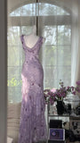 Ndyad Vintage Sheath Prom Dresses Chiffon Floral Purple Long Formal Dresses Beaded Wedding Guest Dresses HZ1024