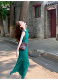 Ndyad retro floral ruffled temperament waist slit dress HZ1024