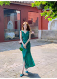 Ndyad retro floral ruffled temperament waist slit dress HZ1024