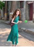 Ndyad retro floral ruffled temperament waist slit dress HZ1024