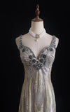 Ndyad Sheath V-neck Silk Beaded Long Evening Gowns,Sequined Tulle Light Grey Formal Dresses Gorgeous Prom Dress HZ1024