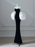 Ndyad Mermaid Velvet Puff Sleeves Black Long Prom Dress, Black Evening Dress HZ1024
