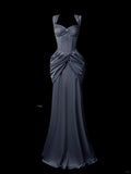 Ndyad Mermaid Sweetheart Neck Evening Dress Modest Dark Gray Satin Long Birthday Prom Dress Formal Dress HZ1024