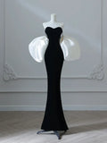 Ndyad Mermaid Velvet Puff Sleeves Black Long Prom Dress, Black Evening Dress HZ1024