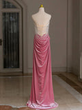Ndyad Velvet Beads Pink Long Prom Dress, Pink Long Formal Dress HZ1024