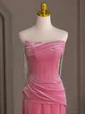 Ndyad Velvet Beads Pink Long Prom Dress, Pink Long Formal Dress HZ1024