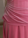 Ndyad Velvet Beads Pink Long Prom Dress, Pink Long Formal Dress HZ1024
