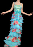 Ndyad Blue Spaghetti Straps Sheath Long Formal Dress Floral Chiffon Sweet Birthday Dress HZ1024