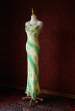 Ndyad Green Sheath Spaghetti Strap Floral Chiffon Long Prom Dress Beaded Formal Evening Dress Wedding Guest Dress HZ1024