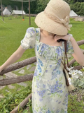 Ndyad floral pastoral style puff sleeve square neck dress HZ1024