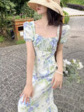 Ndyad floral pastoral style puff sleeve square neck dress HZ1024
