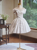Ndyad Off Shoulder Satin White Short Prom Dress, White Homecoming Dress HZ1024
