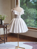 Ndyad Off Shoulder Satin White Short Prom Dress, White Homecoming Dress HZ1024