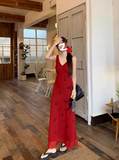 Ndyad retro red V-neck floral vest long skirt HZ1024