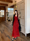Ndyad retro red V-neck floral vest long skirt HZ1024