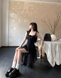 Ndyad Square Neck Black Ruffle Suspender Dress HZ1024