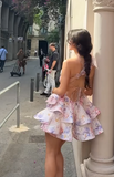 Ndyad V-neck Birthday Dresses, Floral Chiffon Backless Homecoming Dresses, A-line Short Prom Dresses HZ1024