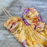 Ndyad Spaghetti Strap Sheath Long Prom Dresses, Floral Silk Guest Dresses, Yellow Formal Evening Dresses HZ1024