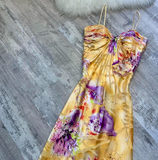Ndyad Spaghetti Strap Sheath Long Prom Dresses, Floral Silk Guest Dresses, Yellow Formal Evening Dresses HZ1024