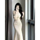 Ndyad Chinese retro long-sleeved v-neck slim dress HZ1024