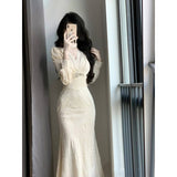 Ndyad Chinese retro long-sleeved v-neck slim dress HZ1024